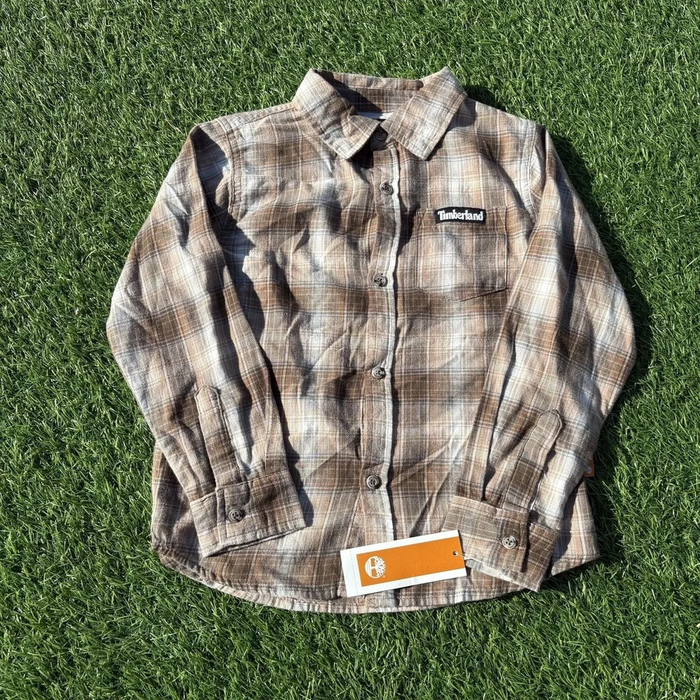 Timberland Shirt Unisex Kids‎ 7 Brown Plaid Flannel Long Sleeve Button Up Logo